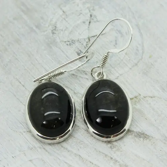 Oval Black Obsidian Stone With Some Golden Sheen Earrings Sterling Silver 925 Silver Earrings Natural Black Obsidian Stone Jewelry Gift