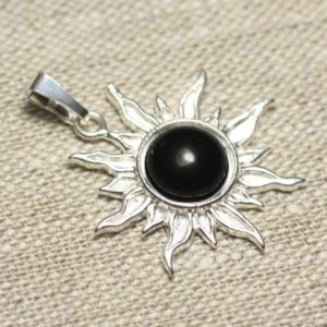 Shop Obsidian Pendants! Pendentif Argent 925 et Pierre – Soleil 28mm – Obsidienne Noire rond 10mm | Natural genuine Obsidian pendants. Buy crystal jewelry, handmade handcrafted artisan jewelry for women.  Unique handmade gift ideas. #jewelry #beadedpendants #beadedjewelry #gift #shopping #handmadejewelry #fashion #style #product #pendants #affiliate #ad