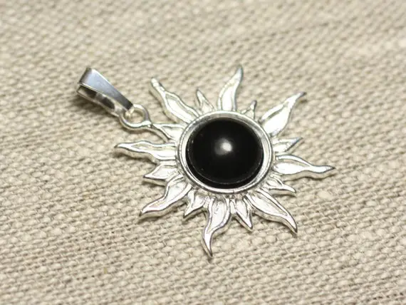 Pendant 925 Sterling Silver And Stone - Sun 28 Mm - Black Obsidian Round 10mm