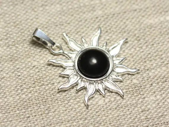 Pendentif Argent 925 Et Pierre - Soleil 28mm - Obsidienne Noire Rond 10mm