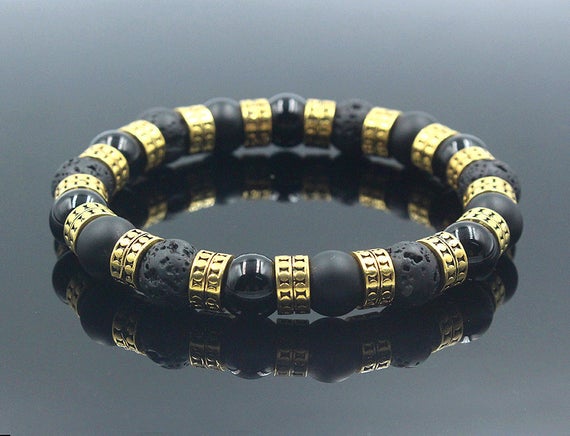 Men's Bracelet, Black Onyx And Lava Stone Bracelet, Men's Gold Bracelet, Men's Luxury Bracelet, Mixed Black Stone Bracelet, Black Bracelet