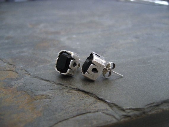 Black Onyx Studs, Emerald Cut, Rectangle Studs, Silver And Black, Square Studs, Hand Carved