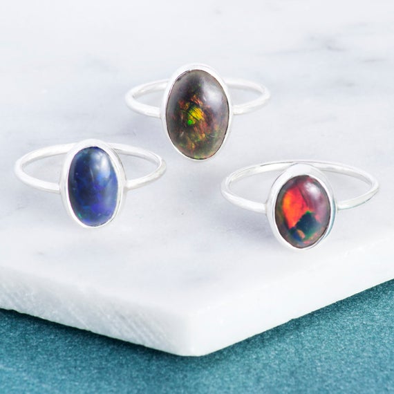 Silver Ring-black Opal Ring Gemstone Opal Ring Ethiopian Opal Rainbow Opal October Birthstone Ring Oval Black Opal Ring Sstacking Ring-925