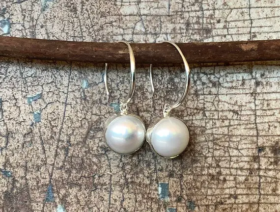 Pearl Silver Drop Earrings, Round Gemstone Drops, Mothers Day Gift, Threader Silver Earrings
