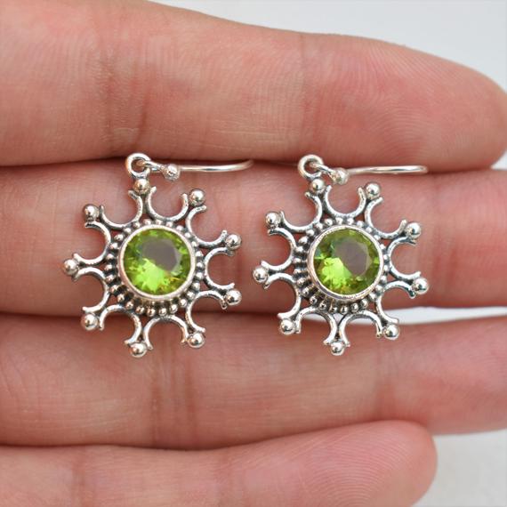 Round Peridot Earrings, 925 Sterling Silver Earrings, Boho Earring, Handmade Earrings For Gift, Green Gemstone Earrings, Birthday Gift