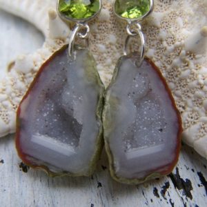 SALE…Tabasco Geode Druzy, Peridot bezel, sterling silver talisman kidney  earwire | Natural genuine stones & crystals in various shapes & sizes. Buy raw cut, tumbled, or polished gemstones for making jewelry or crystal healing energy vibration raising reiki stones. #crystals #gemstones #crystalhealing #crystalsandgemstones #energyhealing #affiliate #ad