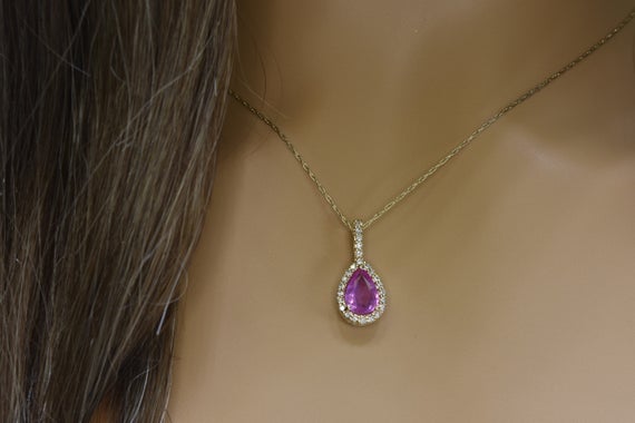Natural Pink Sapphire And Diamond Pendant In 14k Gold | Solid 14k Gold | Fine Jewelry | Free Shipping