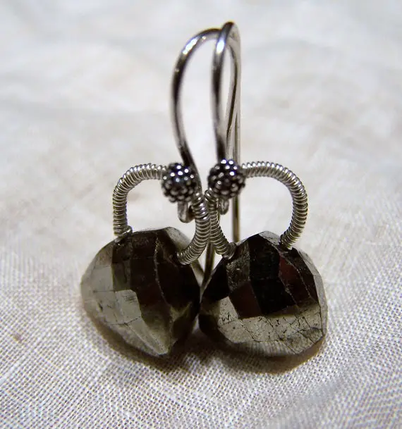 Faceted Pyrite Trillion Cut Briolette Aka Fools Gold, Sterling Silver  Coil Wrap, Bali Style Earwire, Earrings