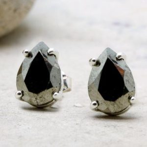 Iron Pyrite Earrings · Grey Stud Earrings · 925 Silver Post Earrings · 925 Silver Earrings · Sterling Silver Gift Earrings · Stone Earrings | Natural genuine Pyrite earrings. Buy crystal jewelry, handmade handcrafted artisan jewelry for women.  Unique handmade gift ideas. #jewelry #beadedearrings #beadedjewelry #gift #shopping #handmadejewelry #fashion #style #product #earrings #affiliate #ad