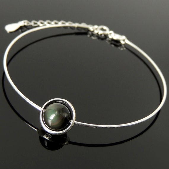 Rainbow Black Obsidian Gemstone Handmade Adjustable Wire Bracelet Saturn Swivel Ring Nickel Lead Free Sterling Silver Parts Made In Italy