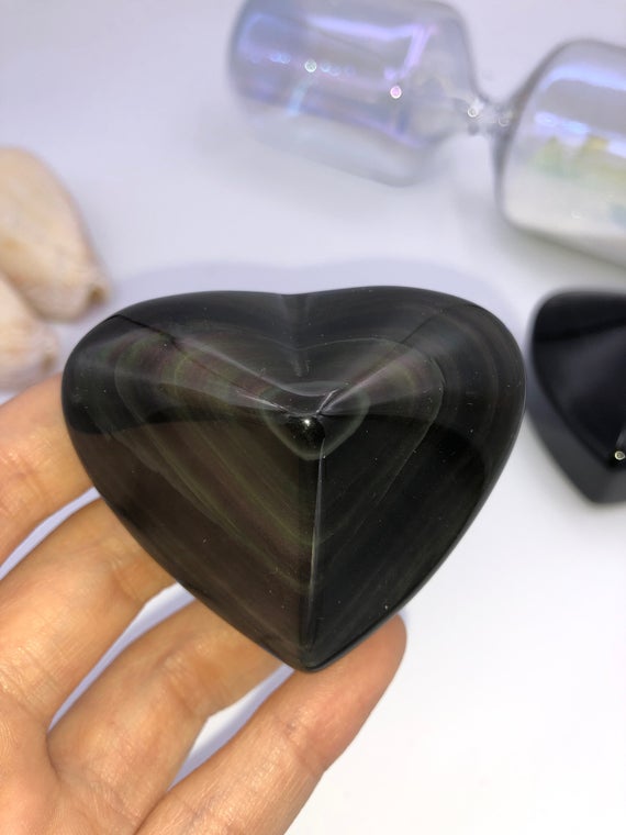Rainbow Obsidian Carved Hearts — Highly Polished A Grade Obsidian Gemstone Crystal