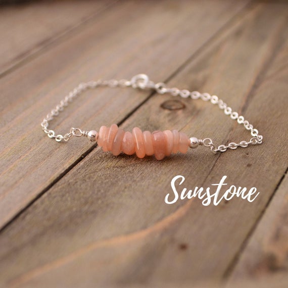 Raw Sunstone Bracelet, Peach Pink Gemstone Jewelry