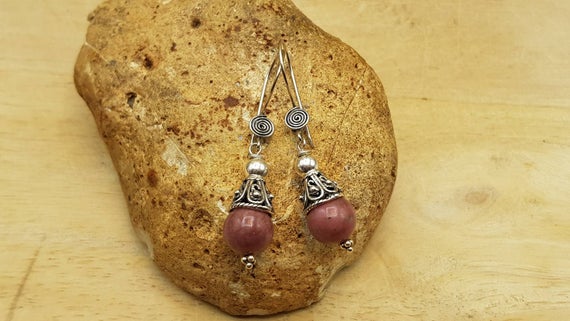 Rhodonite Cone Earrings. Bali Silver. Reiki Jewelry Uk. Taurus Jewelry. Pink Semi Precious Dangle Drop Earrings. 10mm Stones