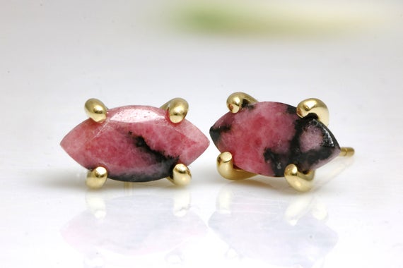 Pink Rhodonite Earrings · Marquise Gemstone Earrings ·  Gold Stud Earrings For Women · 18k Solid Gold Stud Pink Earrings