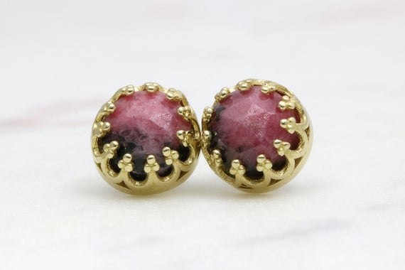 Rhodonite Earrings · Round Gemstone Earrings · Gold Post Earrings · Stud Earrings Gold · Handmade Earrings · Handcrafted Earrings