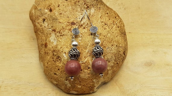 Rhodonite Sphere Earrings. Bali Silver. Reiki Jewelry Uk. Taurus Jewelry. Pink Semi Precious Dangle Drop Earrings. 10mm Stones