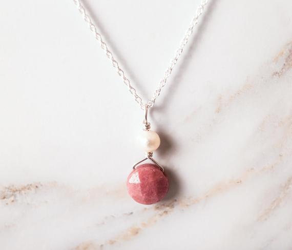 Rhodonite Necklace, Sterling Silver Or Gold Filled, Rhodonite And Pearl, Rhodonite Pendant Gift For Her, Necklace And Earring Set