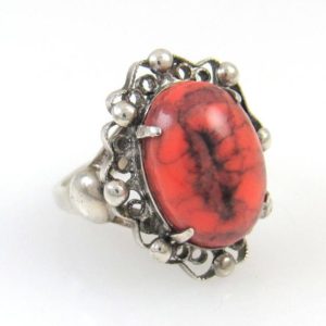 Shop Rhodonite Rings! Rhodonite Ring "Dragon Eye" In Ornate Sterling Bezel -Awesome Olde World look-Vintage Power Jewelry | Natural genuine Rhodonite rings, simple unique handcrafted gemstone rings. #rings #jewelry #shopping #gift #handmade #fashion #style #affiliate #ad