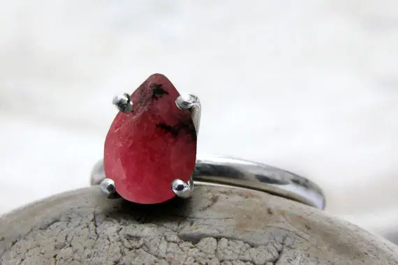 Pink Rhodonite Silver Ring · Pear Gemstone Ring · 925 Engagement Ring · Simple Gem Rings · Claw Set Solitaire Ring