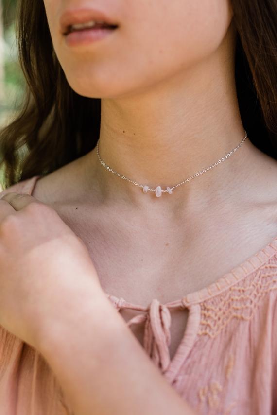 Rose Quartz Crystal Choker Necklace. Rose Quartz Necklace. Delicate Necklace Handmade Jewelry. Boho Necklace. Rose Quartz Choker