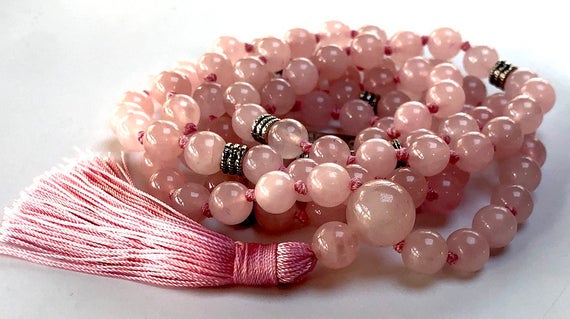 Rose Quartz Mala Beads Necklace /handmade Knotted Necklace/ 6mm 8mm 10mm Beads