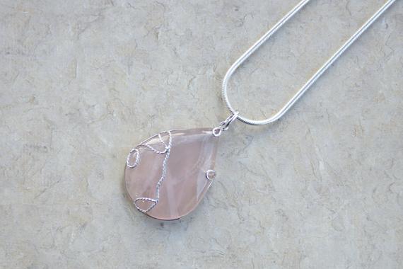 Teardrop Rose Quartz Pendant // Wire Wrap Rose Quartz // Pink Pendant // Sterling Silver // Pink Stone 925 Necklace // Gift For Her