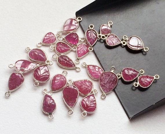 11-16mm Ruby Hand Carved Leaf Shape Connectors, Ruby 925 Silver Bezel Connectors, Finding Charm, , Connector For Jewelry- 5 Pcs - Ks56