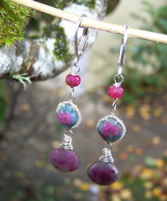 Ruby Zoisite  Faceted Briolette,  Ruby Rondelle, Sterling Silver Leverback  Earrings