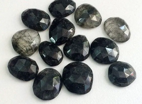 12-20mm Black Rutile Quartz Rose Cut Cabochon, Black Rutile Rose Cut Flat Back Cabochons, Rutile Faceted Gems For Jewelry - Ks176