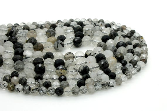 Black Hair Tourmaline Quartz, Black Hair Rutilated Quartz Faceted Round Ball Sphere Natural Gemstone Beads - Rnf96