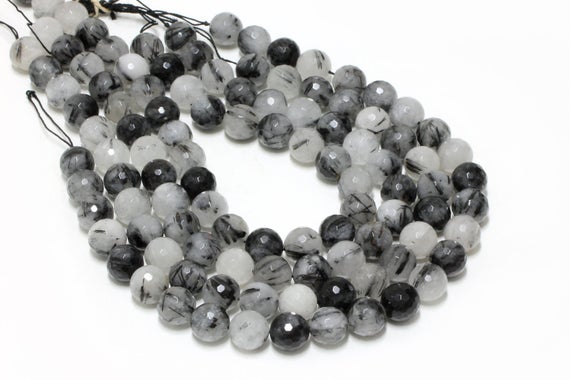 Gu-0388-4 - Natural Black Rutilated Quartz Faceted Round Gemstone Beads - 14mm - Full Strand - 16"