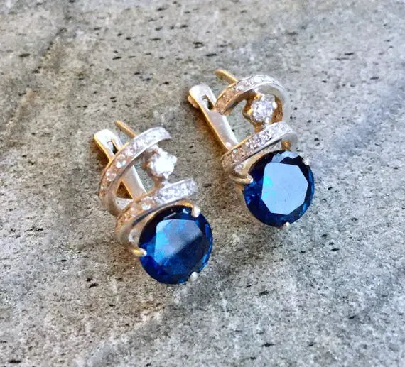 Sapphire Earrings, Created Sapphire, Swirl Earrings, Royal Blue Earrings, Chunky Studs, Swirl Design, Solid Silver Earrings, Sapphire