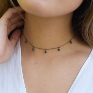 Boho blue sapphire dangle bead drop choker necklace in bronze, silver, gold or rose gold – 12" with 2" extender. September birthstone | Natural genuine Gemstone necklaces. Buy crystal jewelry, handmade handcrafted artisan jewelry for women.  Unique handmade gift ideas. #jewelry #beadednecklaces #beadedjewelry #gift #shopping #handmadejewelry #fashion #style #product #necklaces #affiliate #ad