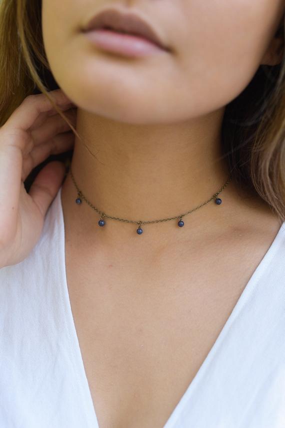 Boho Blue Sapphire Dangle Bead Drop Choker Necklace In Bronze, Silver, Gold Or Rose Gold. September Birthstone. Handmade To Order.