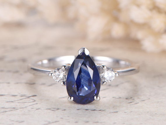 Blue Sapphire Engagement Ring 14k White Gold Diamond Wedding Ring 6x9 Mm Pear Cut Lab Grown Blue Sapphire Ring Plain Band Diamond Ring