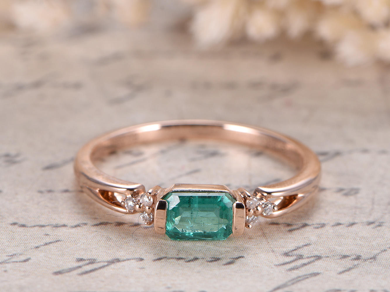 Si Natural Emerald Engagement Ring 14k Rose Gold Bridal Ring May Birthstone Ring Plain Band Diamond Wedding Ring Deco 3.5x5.5mm Emerald Ring