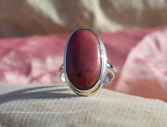 Simple Rhodonite Ring, 925 Sterling Silver, Oval Shape, Red Color Stone, Simple Band Ring, Bezel Set, Can Be Personalized, Made For Her