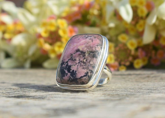 Simple Rhodonite Ring, 925 Sterling Silver, Cushion Gemstone Ring, Silver Gemstone Ring, Can Be Personalized, Made For Her, Rings On Sale