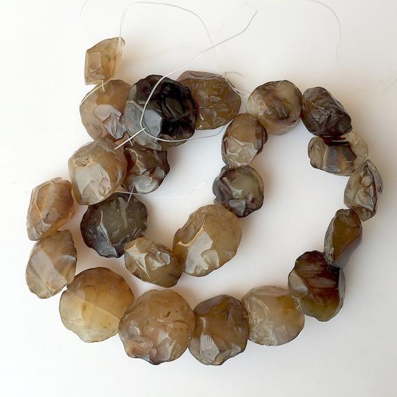 Raw Smoky Quartz Beads, Natural Hammered Rough Gemstone Beads, 18-22mm Approx, 14 Inch Strand, Sku-rg25