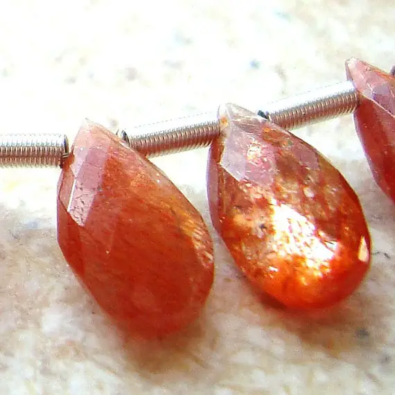 Sunstone Beads Iridescent Peach Orange Faceted Teardrop Gemstones -  4 Inch Strand