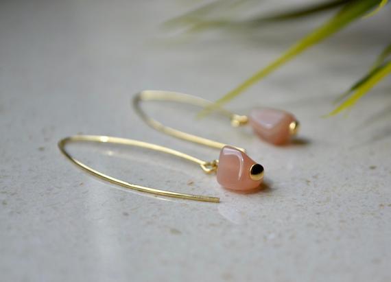 Sunstone Open Hoop Earrings - Delicate Gemstone Earrings Gold Vermeil, Pastel Orange Crystal Earrings, Womens Hoops Raw Crystal Earrings
