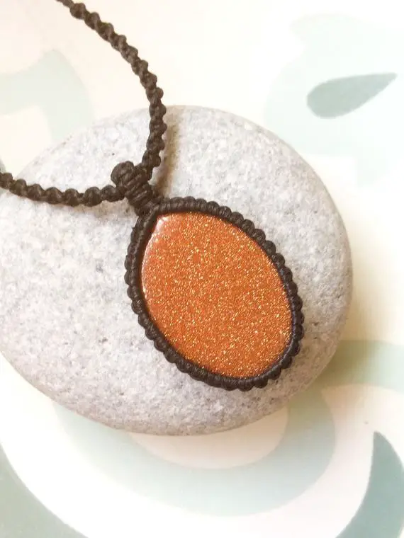 Sunstone Macrame Necklace, Boho Sunstone Necklace, Black And Orange Necklace, Beach, Gift, Sunstone Macrame Pendant, Glitter, Ready To Ship!