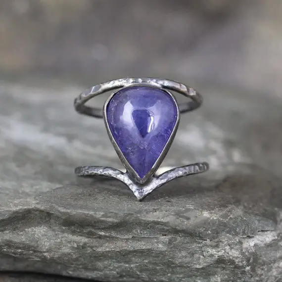 Tanzanite Statement Ring - Rustic Sterling Silver - December Birthstone - Raw Purple Gemstone Ring - Size 7