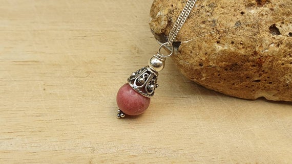 Rare Thulite Cone Pendant Necklace. Reiki Jewelry. Minimalist Bali Silver Rozalite Pendant Uk. 10mm. Gift For Her
