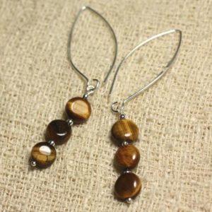 Shop Tiger Eye Earrings! Bijoux Boucles oreilles Argent 925 Crochets 36mm et Pierre Oeil de Tigre Ronds plats 10mm marron doré | Natural genuine Tiger Eye earrings. Buy crystal jewelry, handmade handcrafted artisan jewelry for women.  Unique handmade gift ideas. #jewelry #beadedearrings #beadedjewelry #gift #shopping #handmadejewelry #fashion #style #product #earrings #affiliate #ad
