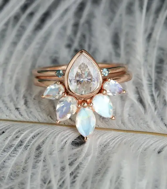 Pear Cut Moissanite Engagement Ring Set Rose Gold Marquise Cut Moonstone Wedding Band London Blue Topaz Ring Bridal Unique Anniversary Ring