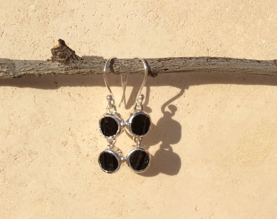 Gift For Mother-in-law, Black Stone Silver Drop Earrings, Tourmaline Silver Drops, Raw Gemstone Jewellery, Gift For Women