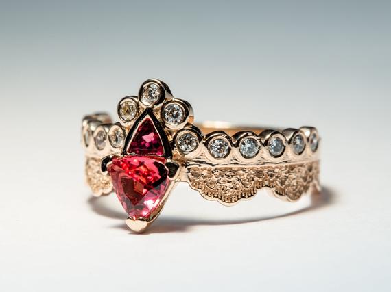 Unique Engagement Ring, Tourmaline Engagement Ring, Trillion Cut Engagement Ring, Red Engagement Ring, Unique, Mother's Day Gift, Gift Ideas