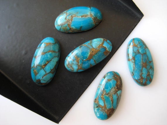 5 Pieces 20x10mm Each Blue Copper Turquoise Oval Shaped Smooth Flat Back Loose Cabochons Bb178