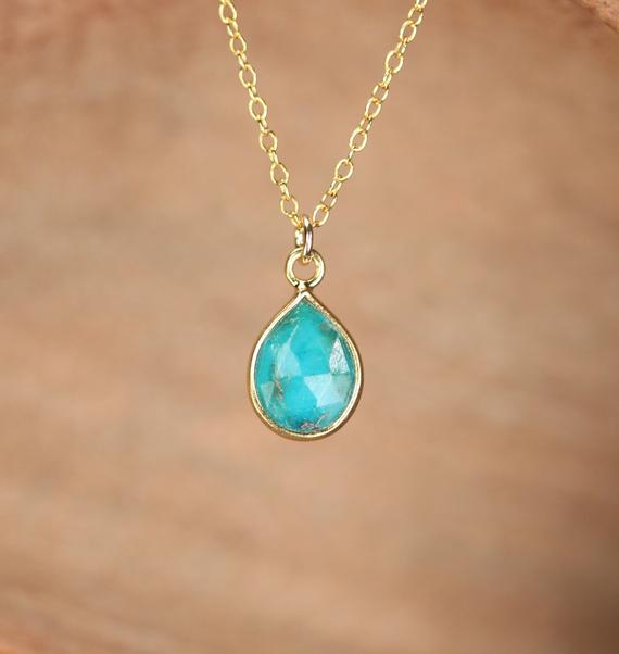 Turquoise Drop Necklace In Gold, Gemstone Teardrop Necklace, Healing Stone Pendant, Solitaire Necklace, Boho Necklace, Gold Bezel Necklace